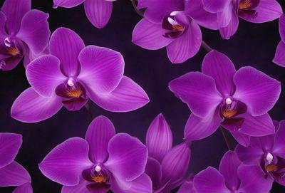 Purple orchids are the primary subject of the image. They are displayed in a pattern, with some of the flowers being larger and more prominent than others. The setting is a dark background, which contrasts with the vibrant purple orchids. The visual style is a close-up of the flowers, showcasing their details and beauty. The colors and mood of the image are predominantly purple, creating a serene and elegant atmosphere.