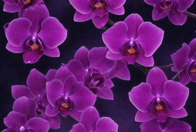 The primary subject of the image is a group of purple orchids. They are arranged in a visually appealing manner, creating a sense of harmony and beauty. The setting is a dark background, which contrasts with the vibrant purple color of the orchids. The visual style of the image is a close-up of the orchids, showcasing their intricate details and textures. The colors and mood of the image are predominantly purple, which gives the scene a calm and serene atmosphere