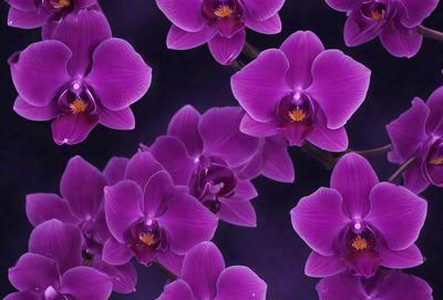 The primary subject of the image is a group of purple orchids. They are arranged in a visually appealing manner, creating a sense of harmony and beauty. The setting is a dark background, which contrasts with the vibrant purple color of the orchids. The visual style of the image is a close-up of the orchids, showcasing their intricate details and textures. The colors and mood of the image are predominantly purple, which gives the scene a calm and serene atmosphere