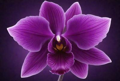 Purple orchid flower with purple petals and a yellow center. The flower is in a purple background.
