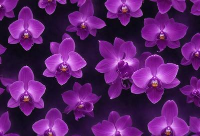 Purple orchids are the primary subject of the image. They are displayed in a pattern, covering the entire image. The setting is a dark background, which contrasts with the vibrant purple orchids. The visual style is a close-up of the orchids, showcasing their details and beauty. The colors and mood of the image are predominantly purple, creating a serene and elegant atmosphere.