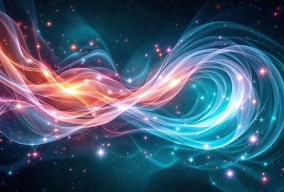 The primary subject of the image is a swirling, colorful pattern that resembles a galaxy or a flowing river. The setting is a dark, starry sky, which serves as the backdrop for the vibrant pattern. The visual style is a combination of digital art and illustration, creating a dynamic and captivating scene. The colors and mood are predominantly blue and purple, giving the image a serene and celestial atmosphere.