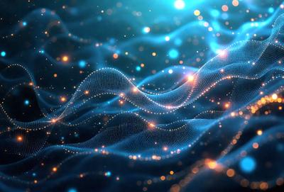 The primary subject of the image is a blue, digital art-like representation of a wave. The setting is a dark background, and the visual style is a combination of digital art and illustration. The dominant colors are blue and orange, creating a vibrant and dynamic atmosphere.