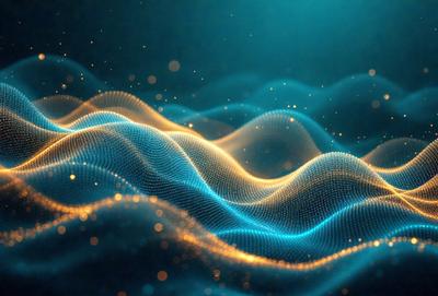 The primary subject of the image is a blue and yellow wave pattern, which appears to be a digital art or illustration. The setting is a dark background, and the visual style is a combination of digital art and illustration. The dominant colors are blue and yellow, creating a vibrant and lively atmosphere.