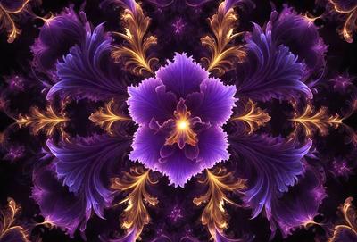 The primary subject of the image is a purple flower with a yellow center, surrounded by a vibrant and colorful pattern. The setting is a close-up of the flower, with a background that includes a purple and yellow floral pattern. The visual style is a combination of a photo and digital art, creating a unique and eye-catching image. The dominant colors are purple and yellow, with the overall atmosphere being lively and vibrant.