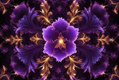 The primary subject of the image is a purple flower, which is the centerpiece of the scene. The setting is a vibrant, colorful background that complements the flower's purple hue. The visual style is a combination of photo and digital art, creating a unique and eye-catching image. The dominant colors are purple and gold, giving the image a warm and inviting atmosphere.