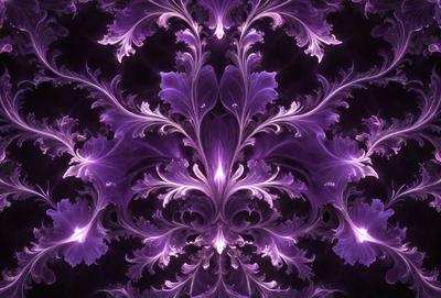 The primary subject of the image is a purple floral pattern, which is the main object, scene, or focus of the image. The setting or background features a purple and black background, which adds to the overall visual style. The image is a digital art or illustration, showcasing the artist's creativity and skill in designing the floral pattern. The dominant colors in the image are purple and black, creating a mood of elegance and sophistication.