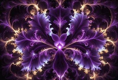 The primary subject of the image is a purple flower with a yellow center, surrounded by a purple background. The visual style of the image is a digital art or illustration, with a patterned background that adds to the overall atmosphere. The colors and mood of the image are predominantly purple and yellow, creating a vibrant and lively scene.