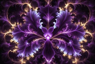 The primary subject of the image is a purple flower with a yellow center, surrounded by a purple background. The visual style of the image is a digital art or illustration, with a patterned background that adds to the overall atmosphere. The colors and mood of the image are predominantly purple and yellow, creating a vibrant and lively scene.