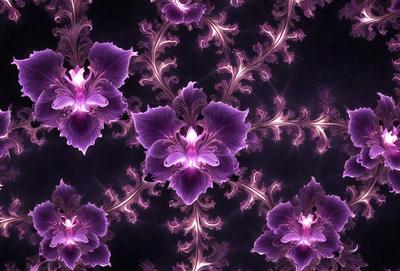The primary subject of the image is a close-up of a purple flower with a heart-shaped center. The setting is a dark background, which highlights the flower's vibrant color. The visual style is a combination of a photo and a digital art, creating a unique and eye-catching image. The dominant colors are purple and pink, giving the image a romantic and elegant mood.