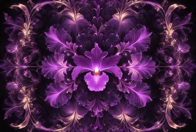 The primary subject of the image is a purple flower, which is the main object, scene, or focus of the image. The setting or background features a purple and gold pattern, which adds to the overall visual style of the image. The colors and mood of the image are predominantly purple, creating a serene and calming atmosphere.