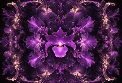 The primary subject of the image is a purple flower, which is the main object, scene, or focus of the image. The setting or background features a purple and gold pattern, which adds to the overall visual style of the image. The colors and mood of the image are predominantly purple, creating a serene and calming atmosphere.