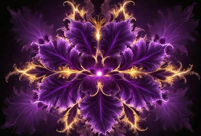 The primary subject of the image is a purple flower with gold accents. The setting is a purple background, which creates a striking contrast with the flower. The visual style is a combination of photo and digital art, giving the image a unique and artistic appearance. The dominant colors are purple and gold, creating a sense of elegance and sophistication.