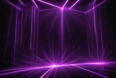 The primary subject of the image is a purple light show, which appears to be a purple neon light display. The setting is a dark room, and the visual style is a digital art or illustration. The dominant colors in the image are purple and black, creating a moody and atmospheric ambiance.