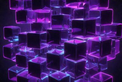 The primary subject of the image is a large, purple, three-dimensional grid made up of square blocks. The setting is a purple background, which creates a striking contrast with the blocks. The visual style is a combination of digital art and illustration, giving the image a unique and artistic appearance. The dominant colors are purple and blue, creating a calming and visually appealing atmosphere.