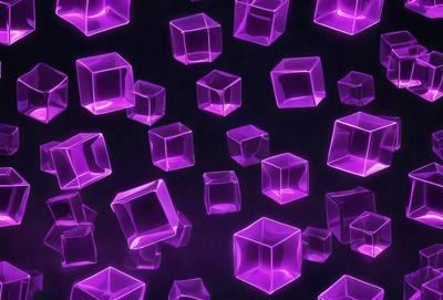 The primary subject of the image is a large number of purple cubes, which are arranged in a visually appealing manner. The setting is a dark background, which contrasts with the bright purple cubes. The visual style of the image is a combination of digital art and illustration, creating a unique and eye-catching pattern. The dominant colors in the image are purple and black, giving the scene a moody and mysterious atmosphere.