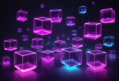 The primary subject of the image is a collection of brightly colored, illuminated cubes floating in a dark space. The setting appears to be a futuristic or digital environment, as the cubes are floating in a void with a purple hue. The visual style of the image is a combination of digital art and illustration, creating a vibrant and dynamic scene. The colors and mood of the image are predominantly purple and pink, giving it a sense of futuristic and otherworldly atmosphere