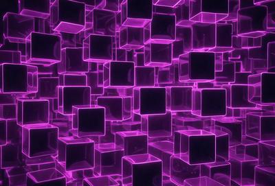 The primary subject of the image is a large, purple, pink, and black wall made up of many square blocks. The setting is a dark room, and the visual style appears to be a digital art or illustration. The dominant colors in the image are purple, pink, and black, creating a moody and dramatic atmosphere.