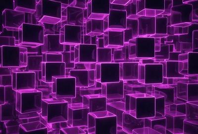 The primary subject of the image is a large, purple, three-dimensional display of cubes. The setting is a purple background, which creates a striking contrast with the cubes. The visual style is a combination of digital art and illustration, as the cubes are displayed in a visually appealing manner. The dominant colors are purple and pink, giving the display a vibrant and lively atmosphere.