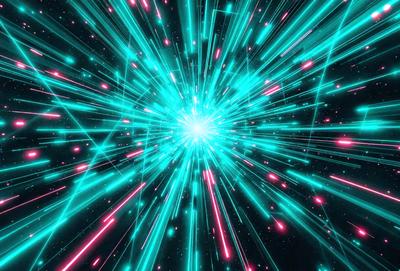 The primary subject of the image is a bright, colorful, and vibrant explosion of light. The setting is a dark background, which contrasts with the bright colors of the explosion. The visual style is a combination of digital art and illustration, creating a dynamic and eye-catching scene. The colors and mood of the image are predominantly green and pink, giving it a lively and energetic atmosphere.