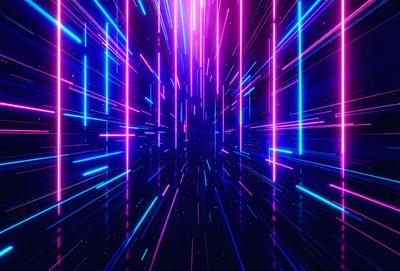 The primary subject of the image is a brightly colored, pink and blue neon tunnel. The setting is a dark background, which contrasts with the vibrant colors of the tunnel. The visual style is a digital art or illustration, as the tunnel appears to be a digital creation. The colors and mood of the image are energetic and lively, with the bright colors evoking a sense of excitement and movement.