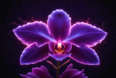 The primary subject of the image is a purple flower with a yellow center, which is the focal point of the scene. The flower is situated in a dark environment, possibly a nighttime setting. The visual style of the image is a combination of photo and digital art, creating a unique and eye-catching display. The dominant colors in the image are purple and yellow, which evoke a sense of mystery and beauty.