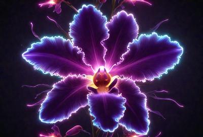The primary subject of the image is a purple flower with a yellow center, surrounded by a purple background. The visual style of the image is digital art, as it appears to be a painting or drawing created using digital tools. The colors and mood of the image are predominantly purple and blue, with a touch of yellow, creating a serene and calming atmosphere.