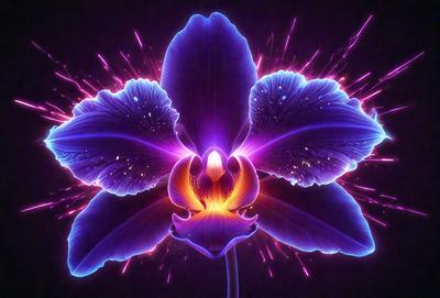 The primary subject of the image is a large, purple orchid flower with a yellow center. The flower is prominently displayed in the foreground, with its vibrant colors and intricate details. The setting is a dark background, which contrasts with the bright and luminous orchid. The visual style of the image is a combination of photo and digital art, creating a striking and eye-catching composition. The dominant colors of the orchid are purple and yellow, with the purple petals and yellow center