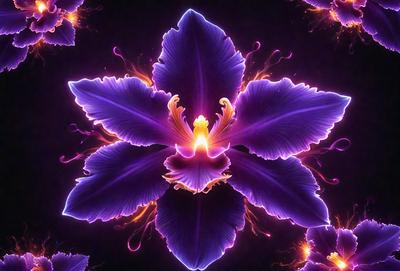 The primary subject of the image is a purple flower with a yellow center, which is the focal point of the scene. The flower is set against a dark background, creating a striking contrast. The visual style of the image is a combination of photo and digital art, with the flower's vibrant colors and intricate details enhanced by the digital manipulation. The overall atmosphere of the image is one of beauty and elegance, with the purple flower serving as a captivating centerpiece.