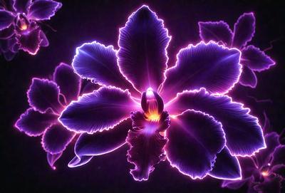 The primary subject of the image is a purple flower with a yellow center. The flower is surrounded by a purple background, which adds to the overall mood of the image. The visual style of the image is a combination of photo and digital art, creating a unique and eye-catching display. The colors and mood of the image are predominantly purple and pink, giving it a serene and calming atmosphere.