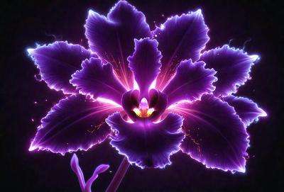 The primary subject of the image is a purple flower with a yellow center. The flower is the focal point of the scene, and it is set against a dark background. The visual style of the image is a combination of photo and digital art, creating a unique and eye-catching display. The dominant colors in the image are purple and yellow, which evoke a sense of warmth and vibrancy.