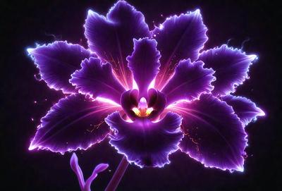 The primary subject of the image is a purple flower with a yellow center. The flower is the main focus of the image, and it is displayed against a dark background. The visual style of the image is a combination of photo and digital art, creating a unique and eye-catching appearance. The dominant colors in the image are purple and yellow, which create a vibrant and lively atmosphere.