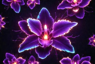 The primary subject of the image is a purple flower with a yellow center, surrounded by other purple flowers. The setting is a dark background, which adds to the overall mood of the image. The visual style is a combination of photo and digital art, creating a unique and eye-catching display. The dominant colors are purple and yellow, with the purple flowers being the main focus of the image.