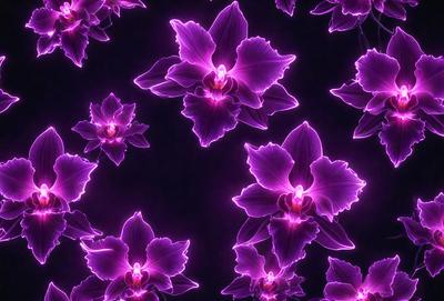 The primary subject of the image is a group of purple orchids. They are the main objects in the scene, and they are displayed in a pattern on a purple background. The visual style of the image is a combination of photo and digital art, creating a vibrant and lively atmosphere. The dominant colors in the image are purple and pink, which contribute to the overall mood of the scene.