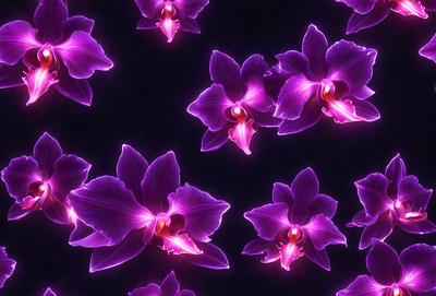 The primary subject of the image is a group of purple orchids. They are the main objects in the scene, and they are displayed in a pattern on a purple background. The visual style of the image is a combination of photo and digital art, creating a vibrant and lively atmosphere. The dominant colors in the image are purple and pink, which contribute to the overall mood of the scene.