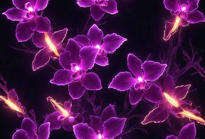 The primary subject of the image is a close-up of purple orchids. The setting is a dark background, which highlights the vibrant colors of the flowers. The visual style is a combination of a photo and digital art, creating a unique and eye-catching display. The dominant colors are purple and pink, giving the image a serene and elegant atmosphere.