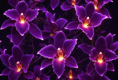 The primary subject of the image is a close-up of purple orchids. The setting is a dark background, which contrasts with the vibrant purple flowers. The visual style is a pattern of purple orchids, creating a visually appealing and artistic composition. The colors and mood of the image are predominantly purple, giving it a serene and elegant atmosphere.