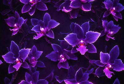 Purple orchids are the primary subject of the image. They are displayed in a pattern, with some of the flowers being larger and more prominent than others. The setting is a dark background, which contrasts with the vibrant purple orchids. The visual style is a close-up of the flowers, showcasing their details and beauty. The colors and mood of the image are predominantly purple, creating a serene and elegant atmosphere.
