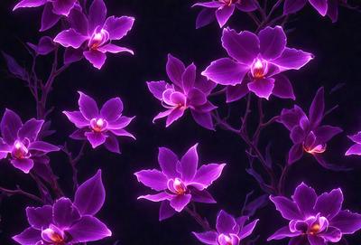 The primary subject of the image is a group of purple flowers. The setting is a dark background, which creates a dramatic and moody atmosphere. The visual style is a close-up of the flowers, showcasing their details and beauty. The colors and mood of the image are predominantly purple, giving it a serene and enchanting feel.