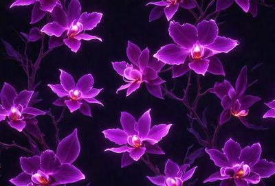 The primary subject of the image is a group of purple flowers. The setting is a dark background, which creates a dramatic and moody atmosphere. The visual style is a close-up of the flowers, showcasing their details and beauty. The colors and mood of the image are predominantly purple, giving it a serene and enchanting feel.