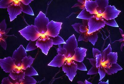 The primary subject of the image is a group of purple orchids. They are arranged in a visually appealing manner, creating a sense of depth and dimension. The setting is a dark background, which contrasts with the vibrant purple orchids, making them stand out even more. The visual style of the image is a combination of photo and digital art, giving it a unique and artistic appearance. The dominant colors in the image are purple and blue, which contribute to a calm and serene atmosphere.
