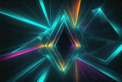 The primary subject of the image is a three-dimensional geometric shape, possibly a diamond or a pyramid, with a vibrant and colorful design. The setting is a dark background, which contrasts with the bright colors of the geometric shape. The visual style appears to be a combination of digital art and illustration, creating a unique and eye-catching pattern. The dominant colors in the image are blue, green, and orange, which contribute to a lively and energetic atmosphere.