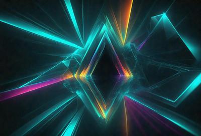 The primary subject of the image is a three-dimensional geometric shape, which appears to be a combination of a diamond and a pyramid. The shape is made up of multiple triangles, and it is displayed in a vibrant and colorful manner. The setting is a dark background, which contrasts with the bright and colorful geometric shape. The visual style of the image is a mix of digital art and illustration, creating a unique and eye-catching design. The dominant colors in the image are blue, green,