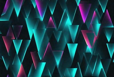 The primary subject of the image is a pattern of triangles, which are arranged in a visually appealing manner. The setting is a dark background, which contrasts with the brightly colored triangles. The visual style is a combination of digital art and illustration, creating a unique and eye-catching design. The dominant colors are blue, pink, and purple, which contribute to a vibrant and lively atmosphere.