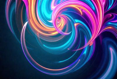 The primary subject of the image is a swirling, colorful pattern that resembles a spiral or a whirlpool. The setting is a dark background, which contrasts with the vibrant colors of the pattern. The visual style appears to be a combination of digital art and illustration, creating a dynamic and eye-catching design. The dominant colors in the image are blue, purple, and orange, which contribute to a lively and energetic atmosphere.