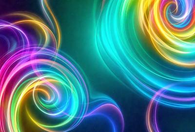 The primary subject of the image is a colorful, swirling pattern that appears to be a digital art or illustration. The setting is a dark background, which contrasts with the vibrant colors of the swirling pattern. The visual style is a mix of photo and digital art, creating a unique and eye-catching image. The dominant colors are a combination of purple, green, and blue, giving the scene a lively and energetic atmosphere.