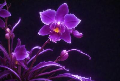 Purple orchid with yellow center, purple petals, and green leaves.