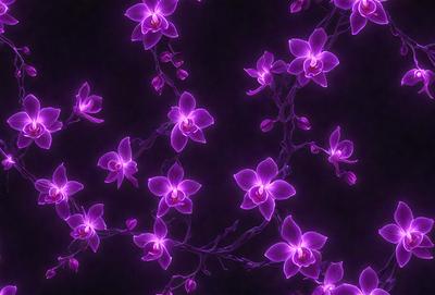 The primary subject of the image is a close-up of purple orchids. The setting is a dark background, which creates a dramatic and moody atmosphere. The visual style is a combination of a photo and digital art, as the orchids are depicted in a detailed and artistic manner. The colors and mood of the image are predominantly purple, which adds to the overall ambiance of the scene.