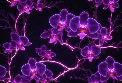 The primary subject of the image is a close-up of purple orchids. The setting is a dark background, which creates a dramatic and moody atmosphere. The visual style is a combination of a photo and digital art, as the orchids are depicted in a vibrant and artistic manner. The colors and mood of the image are predominantly purple, which adds to the overall ambiance of the scene.