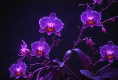 The primary subject of the image is a purple orchid flower. The setting is a dark room, and the visual style appears to be a photo. The dominant colors are purple and pink, creating a calm and serene atmosphere.